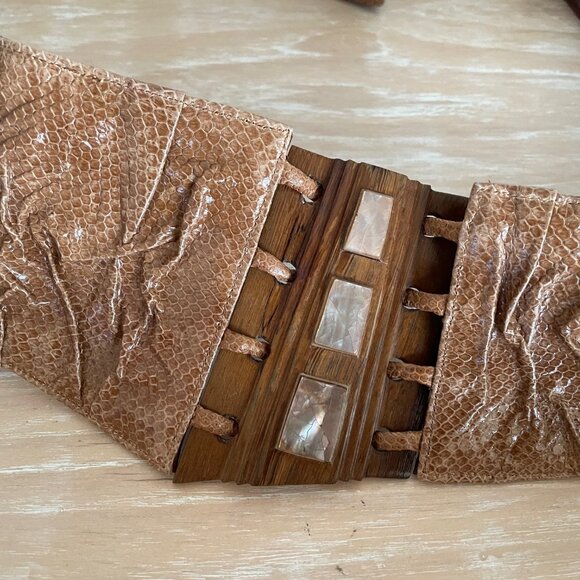 Vintage Wide Brown Reptile Design Contour Belt w/ Wooden Accents & Shell Inlays main image 5